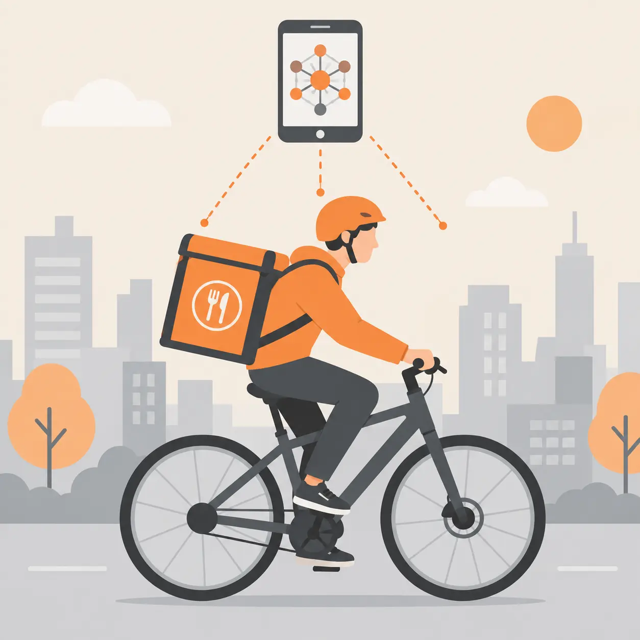 Ilustración de un repartidor en bicicleta con un icono de gestión algorítmica sobre su teléfono, representando la presunción de laboralidad de la Ley Rider
