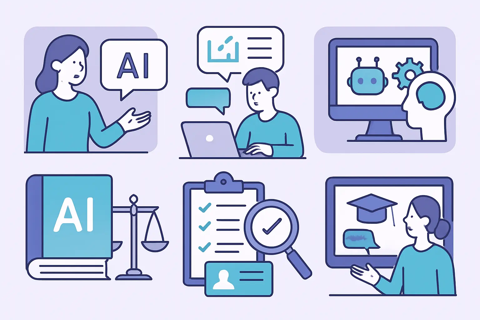 Seis bloques temáticos de investigación sobre IA en Educación: percepción docente, uso del alumnado, herramientas adaptativas, política y equidad, evaluación y formación docente