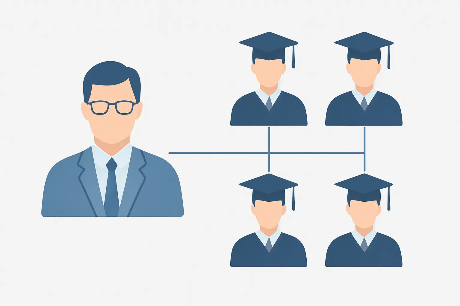 Ilustración de un director de tesis rodeado de varios doctorandos representando la ratio de dirección de tesis