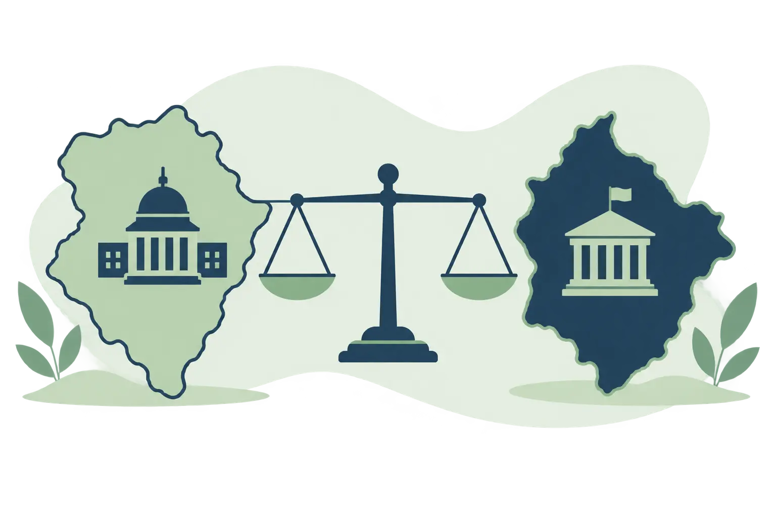 Ilustración de dos siluetas de países con edificios gubernamentales conectados por una balanza, representando un estudio comparado de administración pública