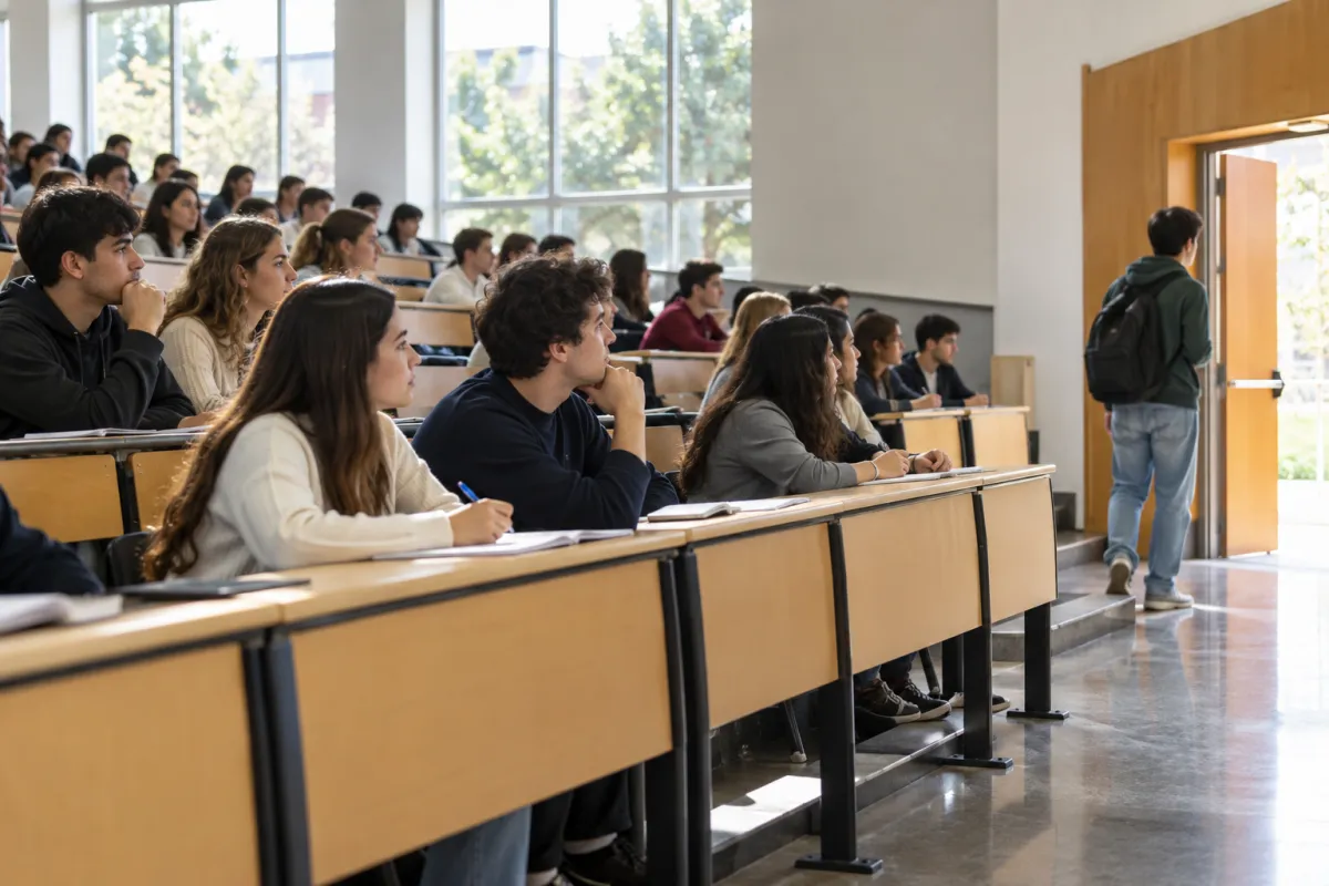 Estudiantes de primer año en un aula universitaria española, uno de ellos a punto de marcharse