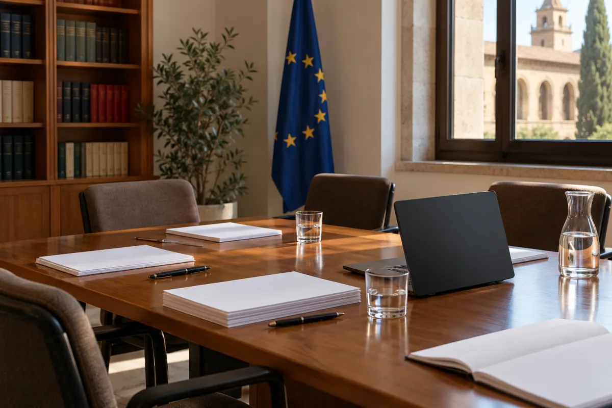 Docentes universitarios analizando la normativa europea sobre inteligencia artificial en una reunión