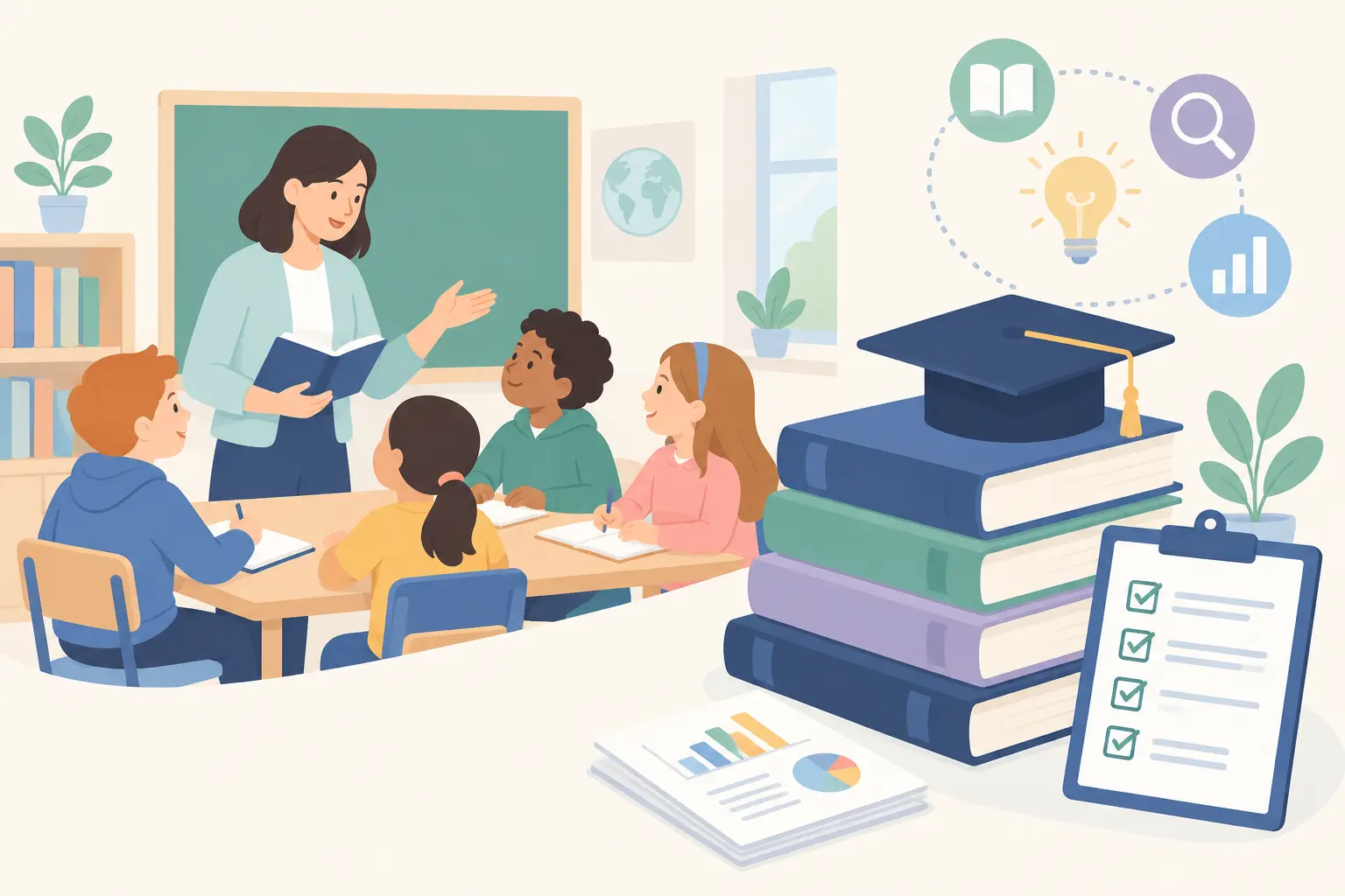 Aula de educación y pila de trabajos fin de grado como ejemplos de investigación educativa