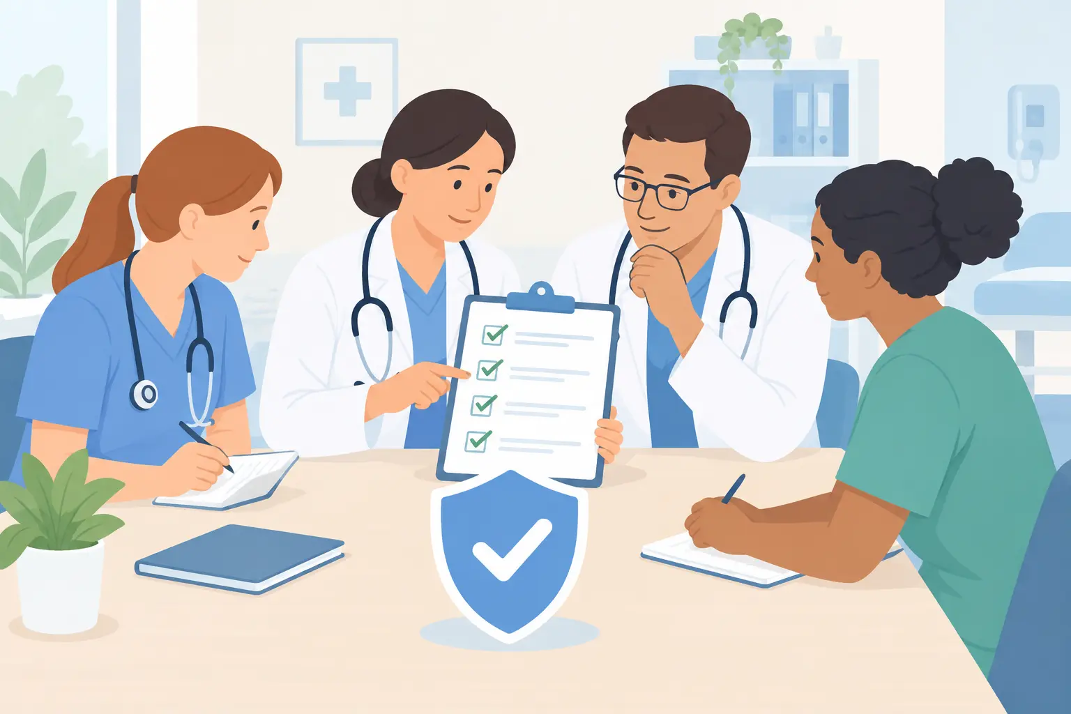 Equipo de un centro de salud revisando una lista de comprobación de seguridad del paciente