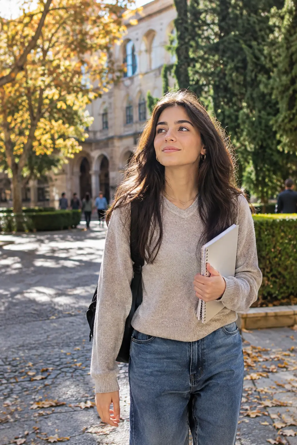 Estudiante dando un paseo corto por el campus durante una pausa de escritura del TFG