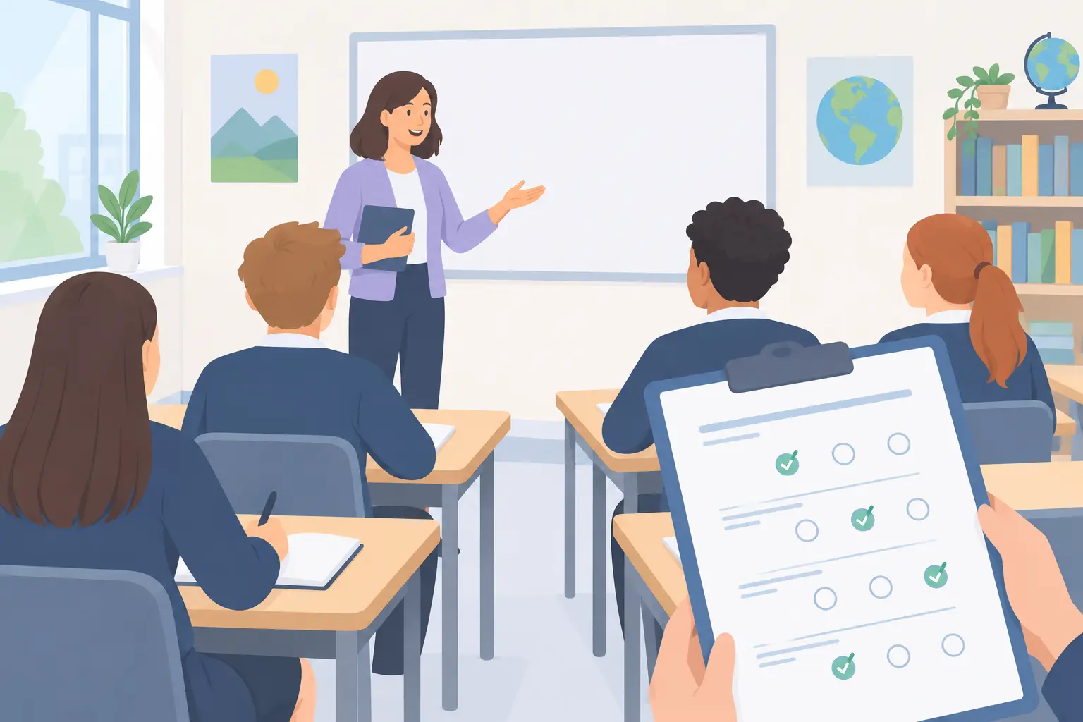 Aula de Secundaria con una docente y alumnado respondiendo un cuestionario sobre liderazgo docente