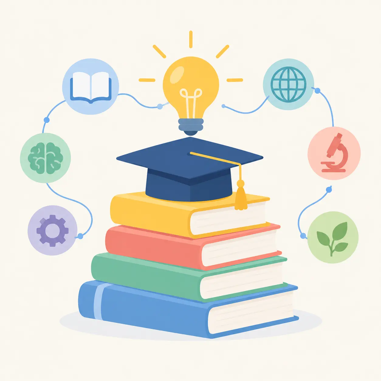 Libros de educación y birrete conectados por un hilo de conceptos de aprendizaje