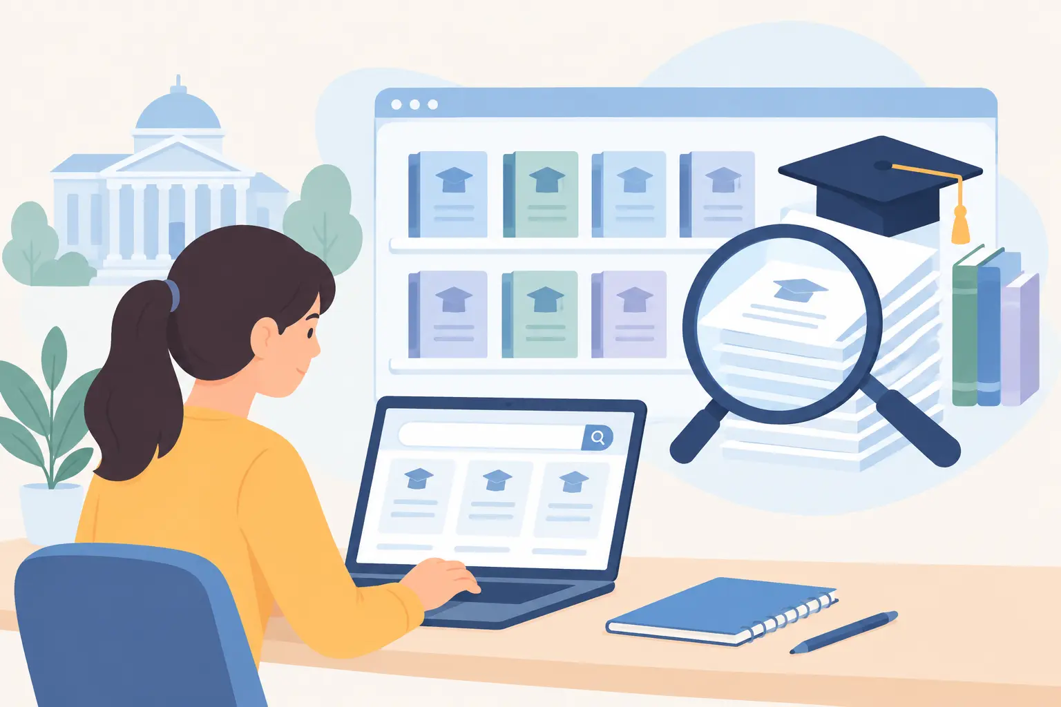 Estudiante buscando trabajos fin de grado en un repositorio digital universitario