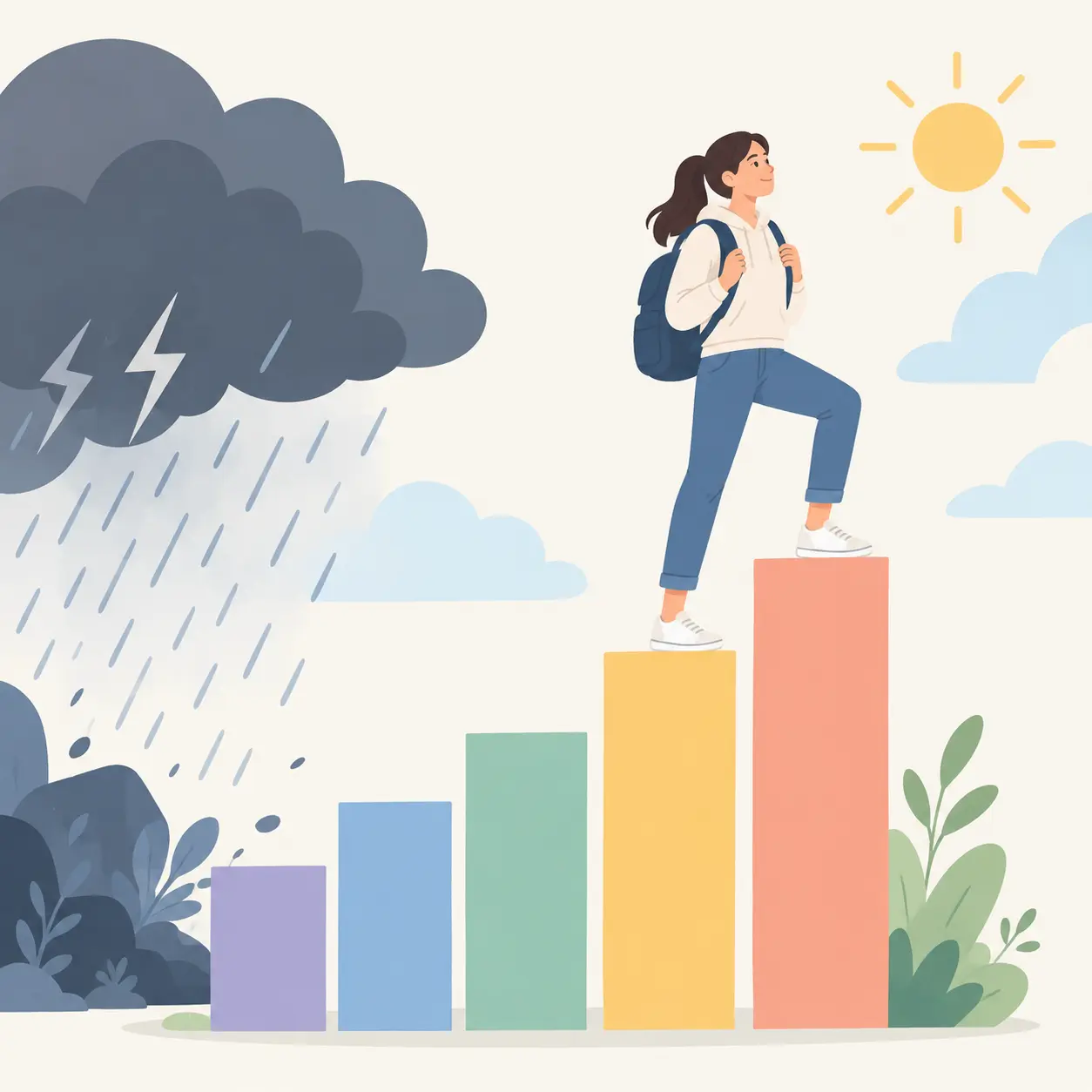 Estudiante universitario superando el estrés sobre un gráfico de barras ascendente