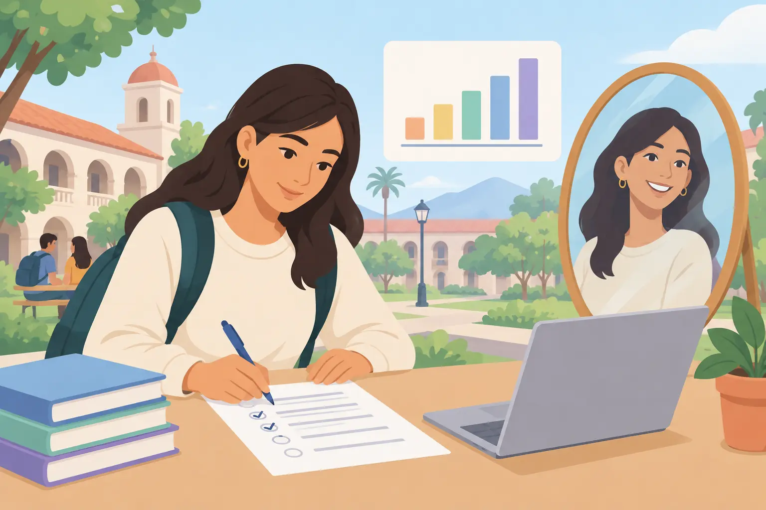 Estudiante universitario respondiendo un cuestionario de autoestima en un campus latinoamericano