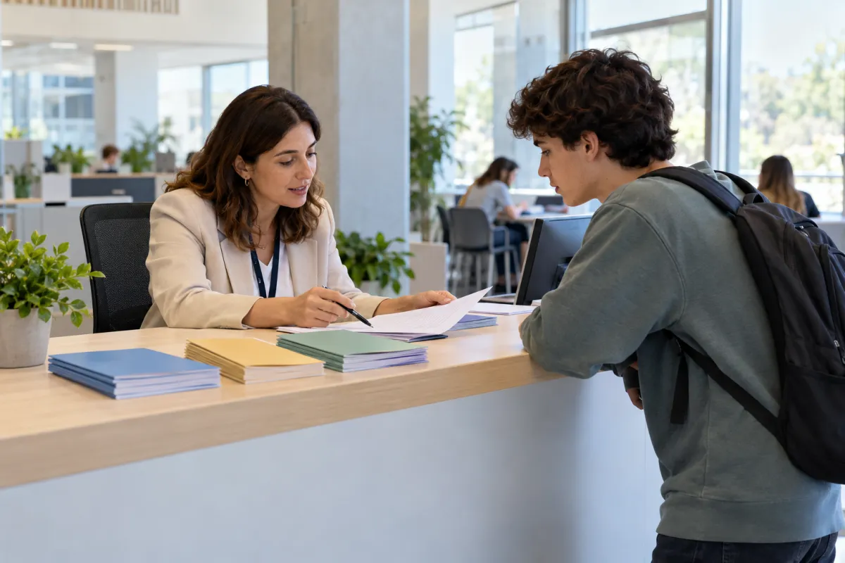 Estudiante consultando en el servicio de becas de su universidad