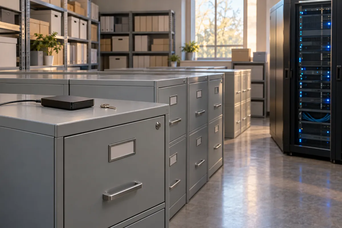 Sala de archivo universitaria con armarios cerrados con llave y un servidor para la custodia de datos de investigación