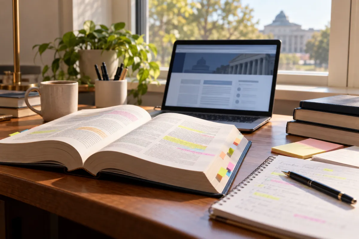 Estudiante consultando un código legal y el diario oficial para citar leyes en APA 7