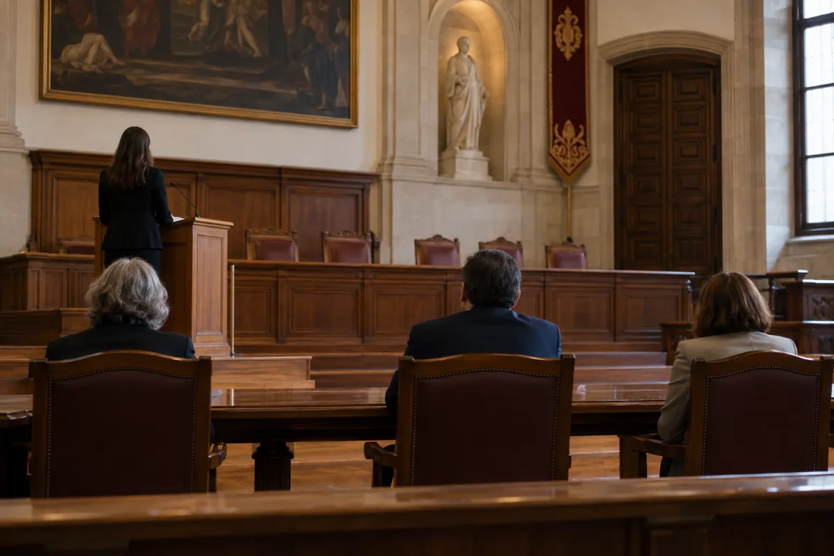 Doctorando defendiendo su tesis ante el tribunal en una sala universitaria