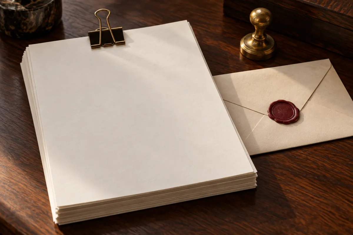 Manuscrito sin texto visible junto a un sobre sellado sobre una mesa de madera