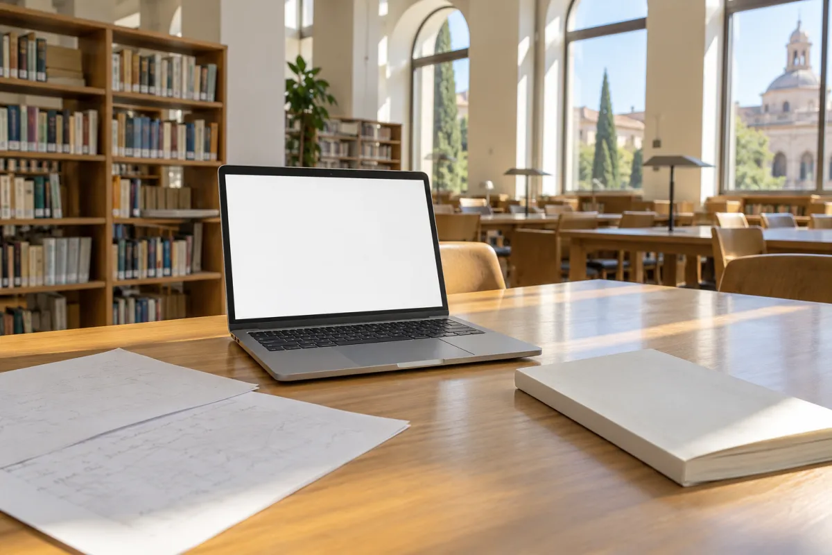 Estudiante revisando el formato y la redacción de su TFG en una biblioteca universitaria