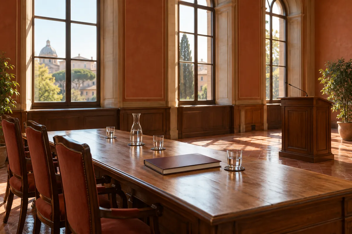 Sala universitaria vacía con una mesa de madera, sillas para el jurado y un atril preparados para un examen profesional