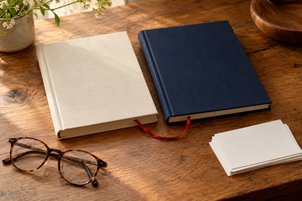 Dos trabajos encuadernados, uno crema y otro azul marino, unidos por una cinta roja junto a unas gafas sobre un escritorio de madera