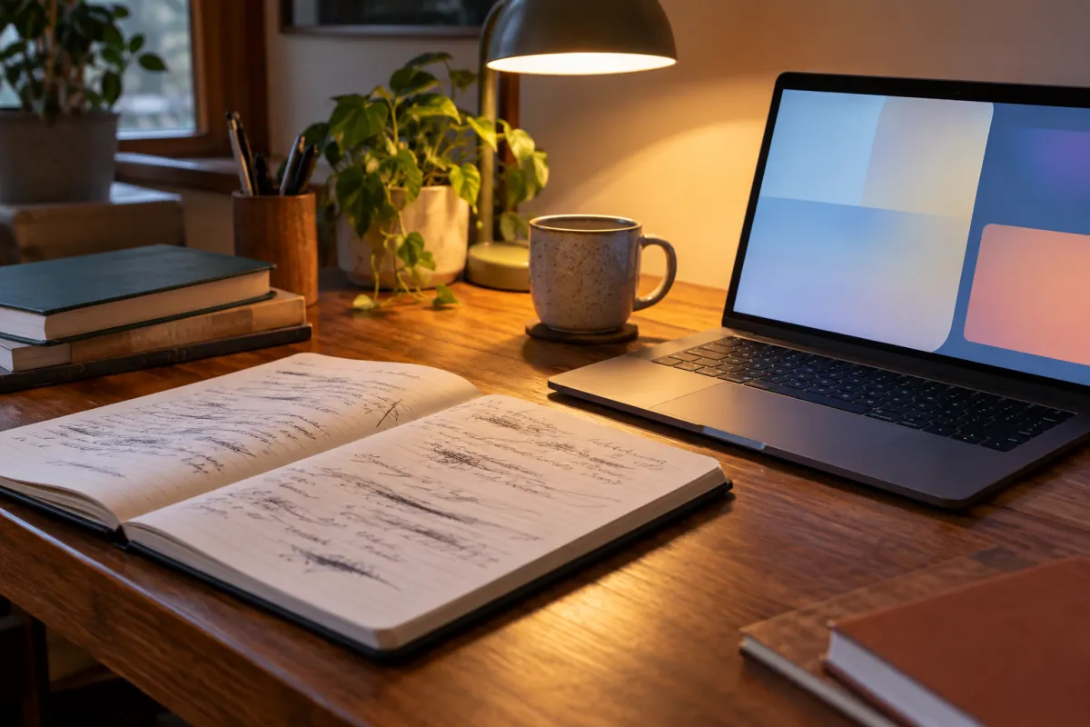 Student rewriting a ChatGPT draft by hand in a notebook next to a laptop