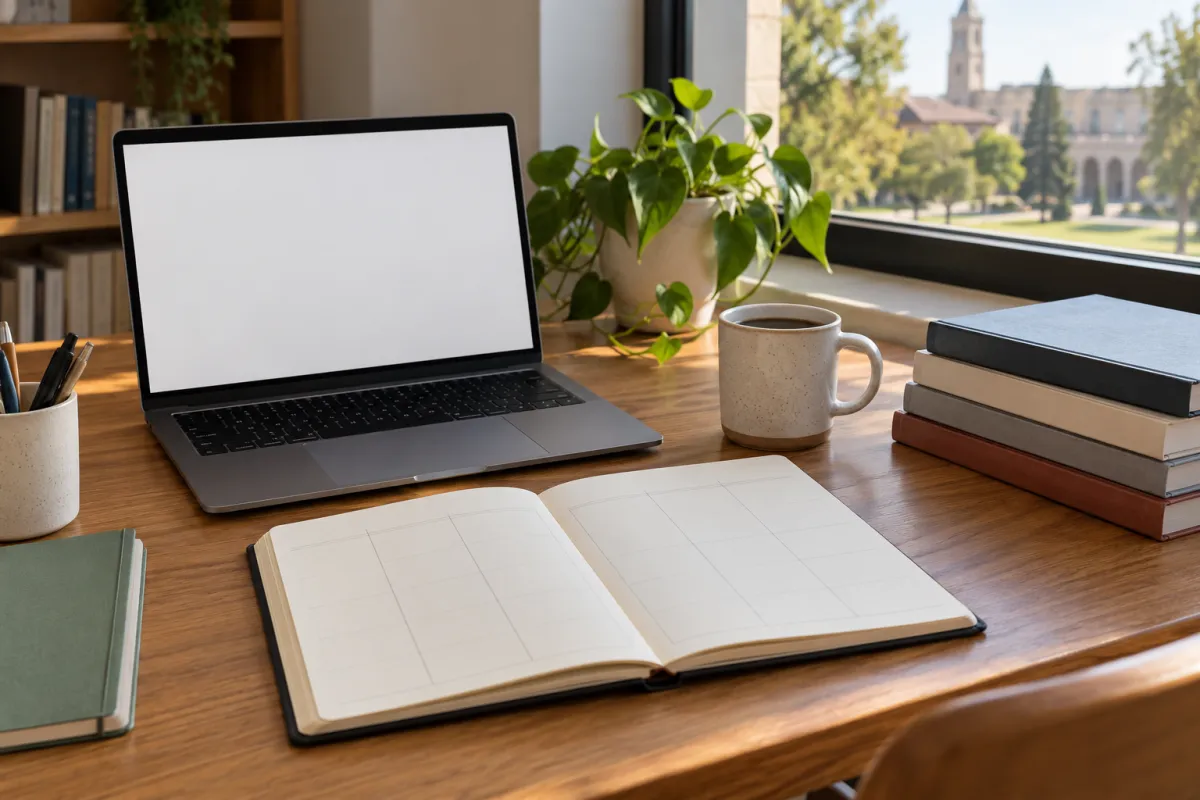 Student planning the weekly hours of the TFG in a paper planner next to a laptop