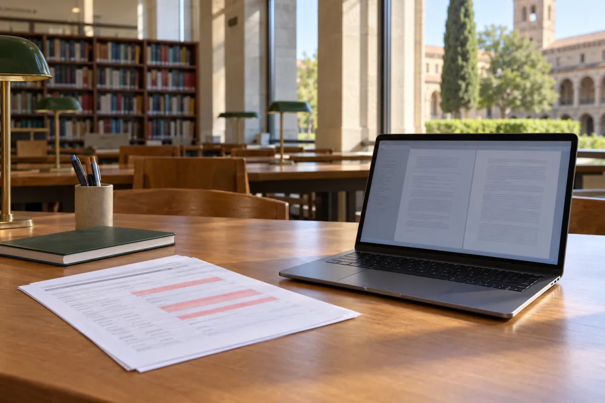 Estudiante revisando su expediente académico con asignaturas pendientes antes de defender el TFG