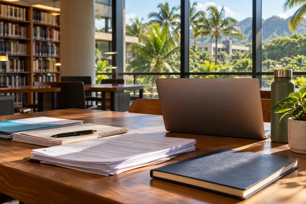 Estudiante de posgrado preparando su postulación a una beca doctoral en una biblioteca universitaria