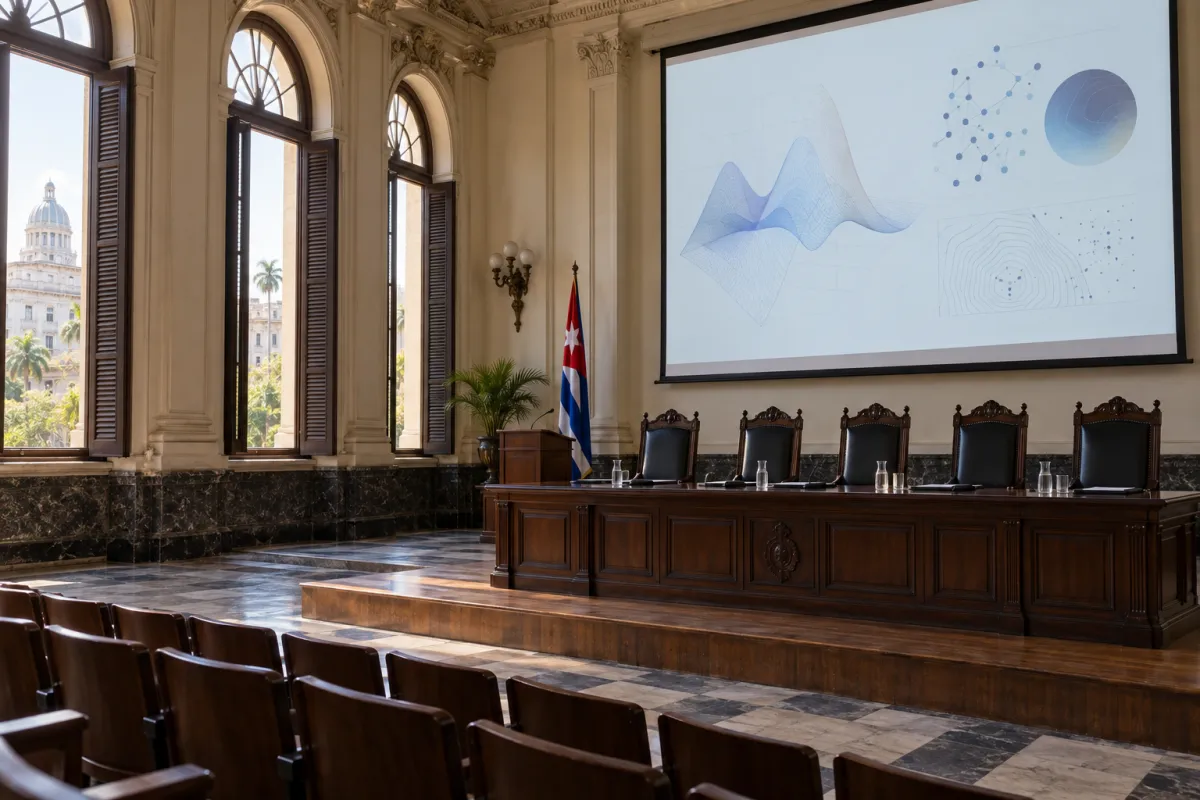 Doctorando defendiendo su tesis ante un tribunal de grado científico en una universidad de La Habana