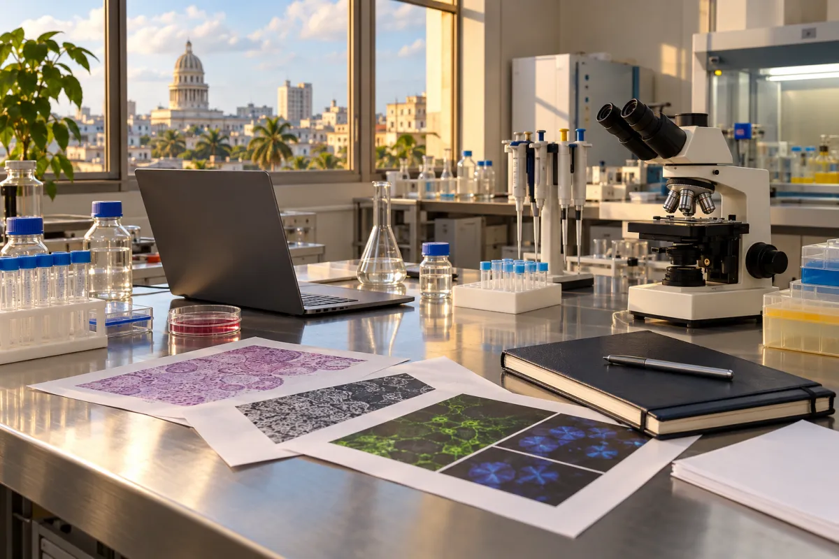 Investigadora cubana revisando artículos científicos en un laboratorio de biotecnología