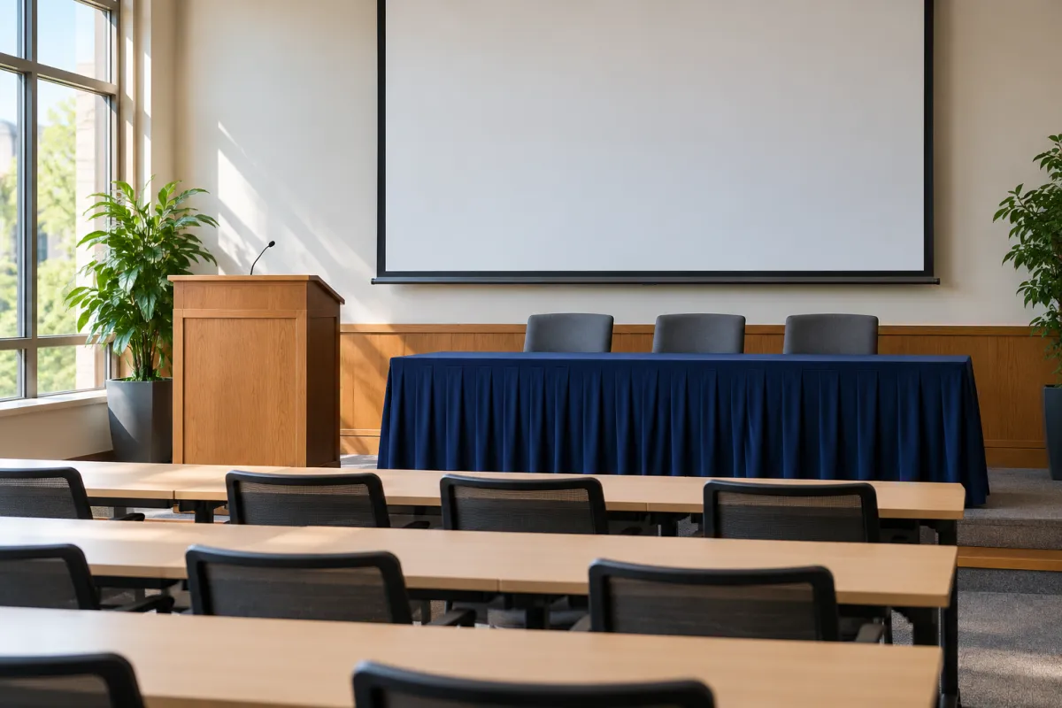 Estudiante defendiendo su TFG ante un tribunal universitario