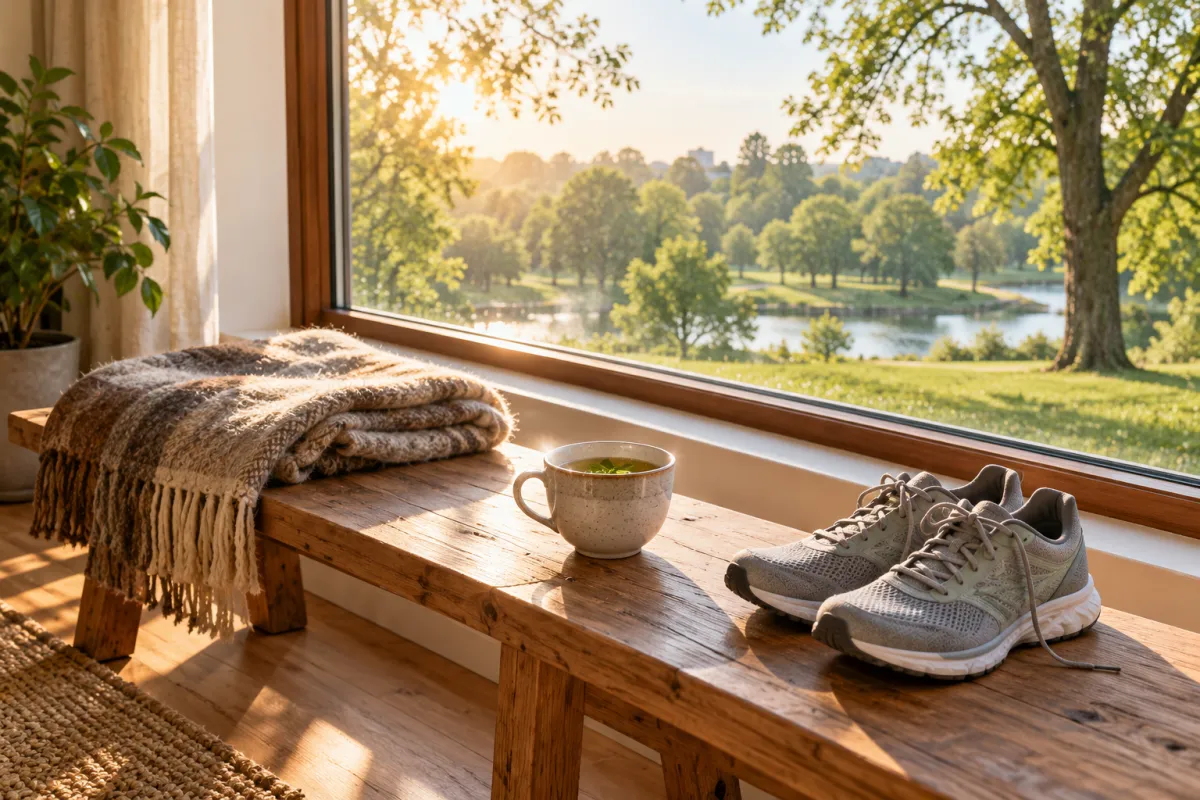 Banco de madera junto a una ventana con una taza de infusión, unas zapatillas deportivas y una manta doblada