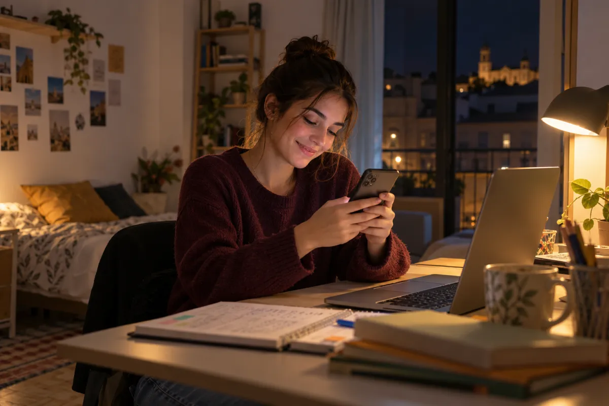 Estudiante universitario leyendo mensajes de un grupo de apoyo online para dejar de fumar mientras estudia de noche