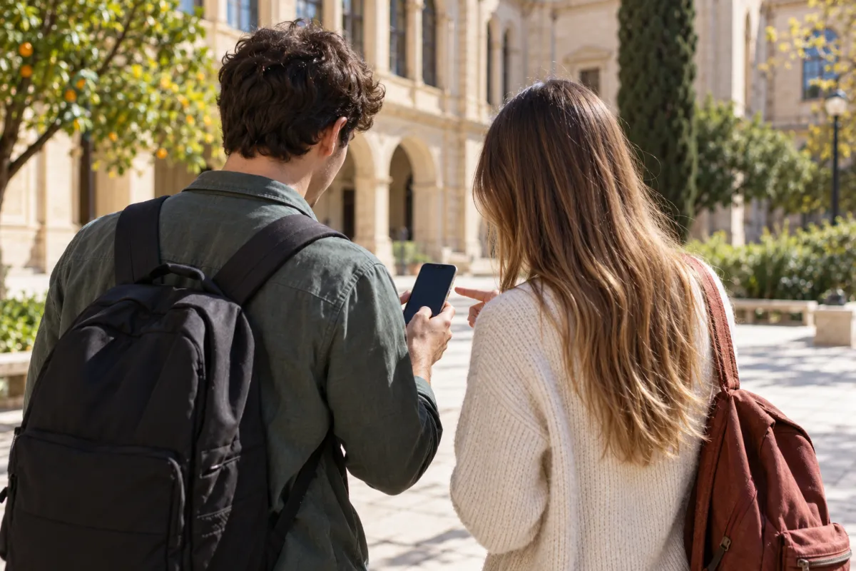 Dos estudiantes en el patio de la facultad revisando una app de seguimiento para dejar de fumar