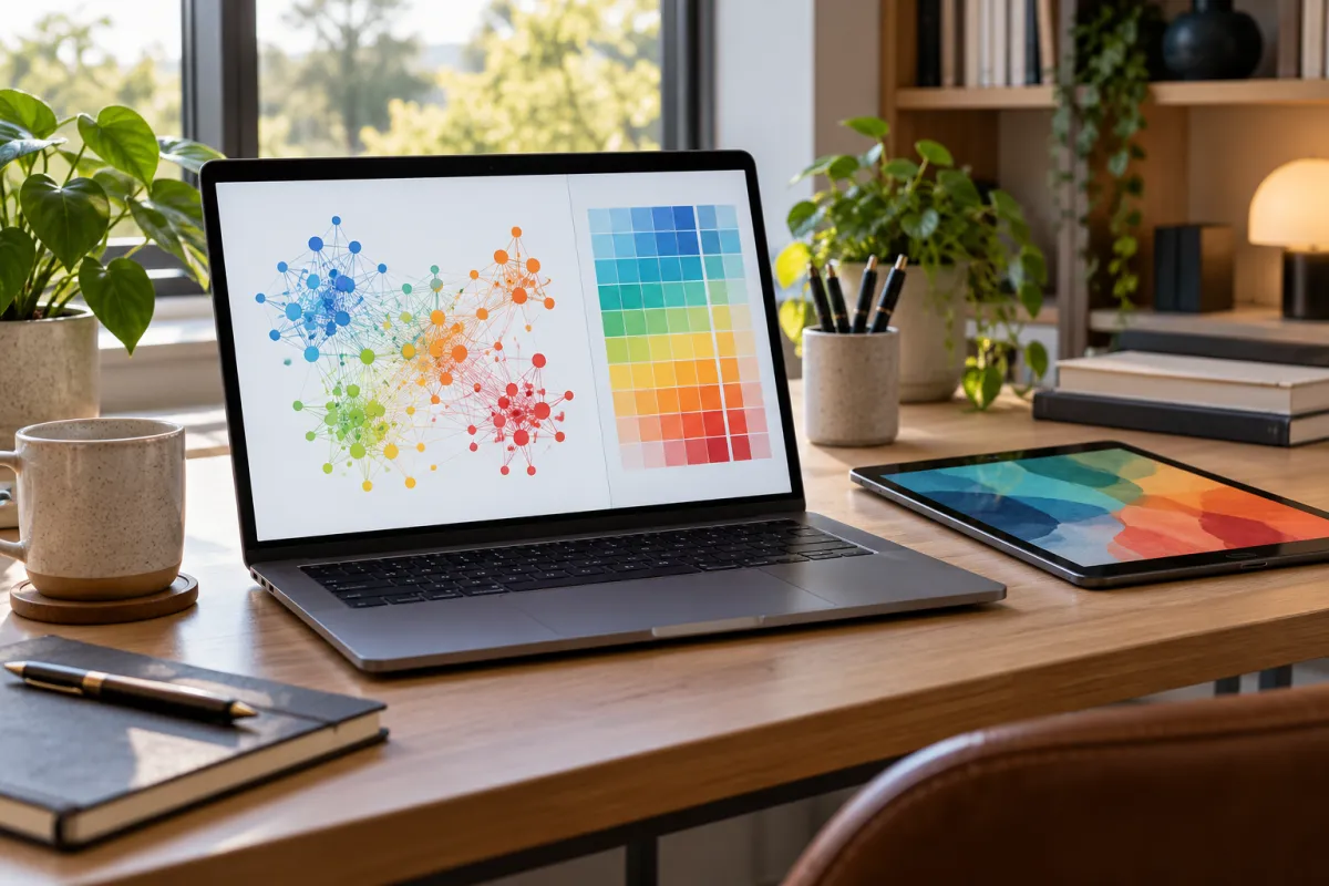 Pantalla con un grafo de artículos académicos y gráficos de análisis de datos