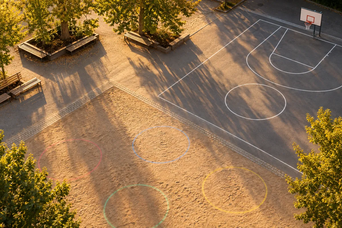 Patio escolar vacío con zonas marcadas con tiza de colores, como en una cartografía social participativa