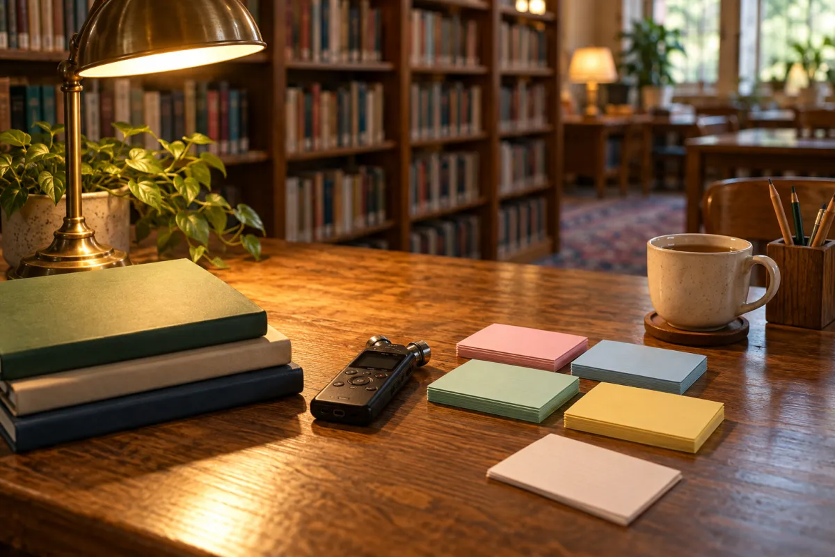 Mesa de biblioteca escolar con cuadernos cerrados, grabadora y tarjetas de colores agrupadas para el análisis colectivo