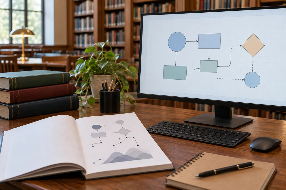 Doctoranda comparando un diagrama vectorial impreso de su tesis con un editor visual de diagramas en pantalla