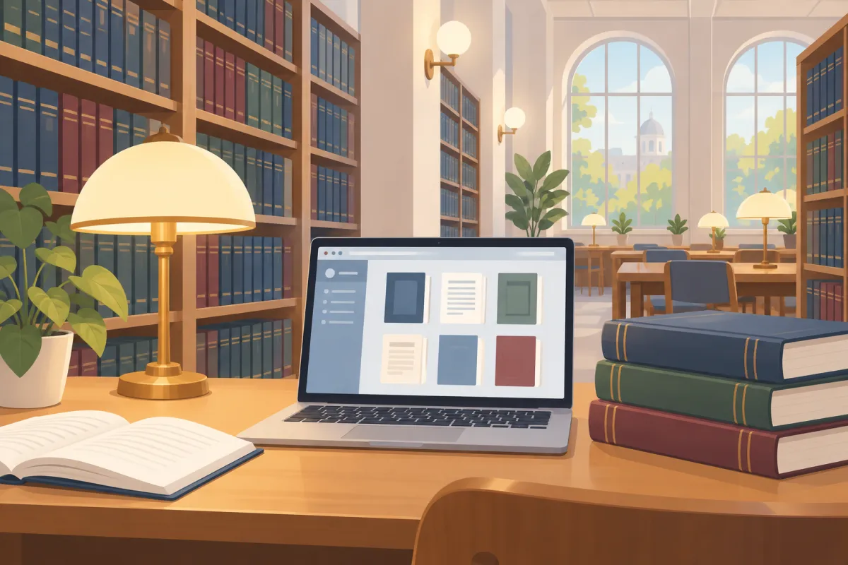 Biblioteca universitaria con tesis encuadernadas y una laptop para consultar repositorios digitales de acceso abierto