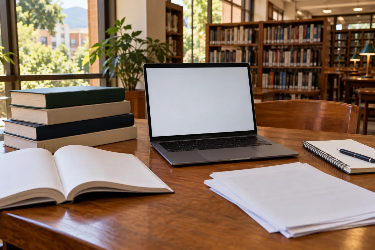 Estudiante universitario revisando su lista de referencias en formato APA 7 en la biblioteca