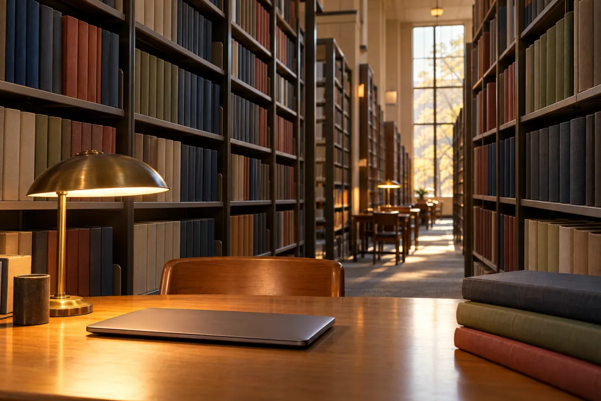Pasillo de biblioteca universitaria con revistas técnicas encuadernadas y una mesa de lectura iluminada