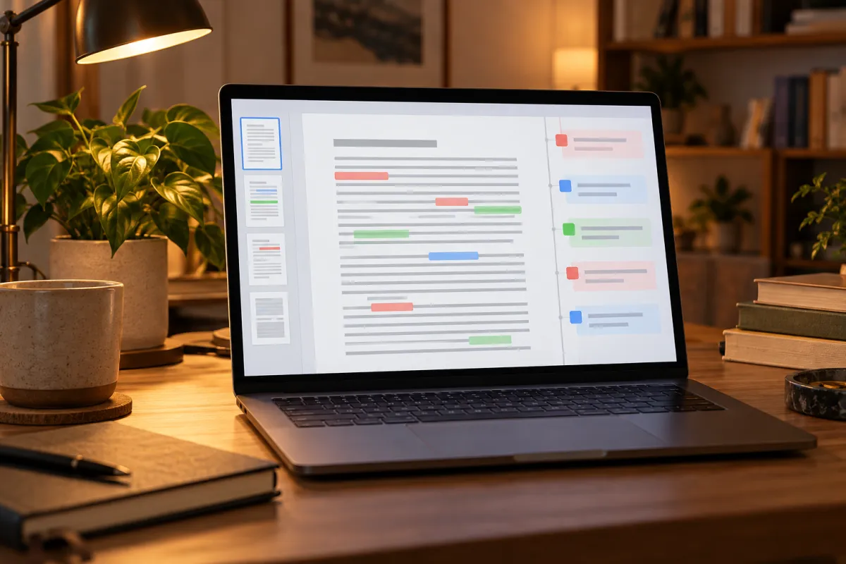 Doctorando revisando correcciones y citas de su tesis doctoral con un asistente de escritura con IA