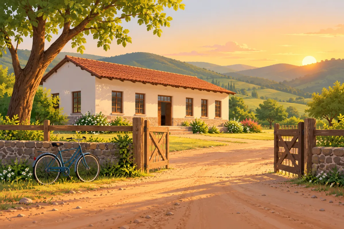 Escuela rural al atardecer vista desde un camino de tierra
