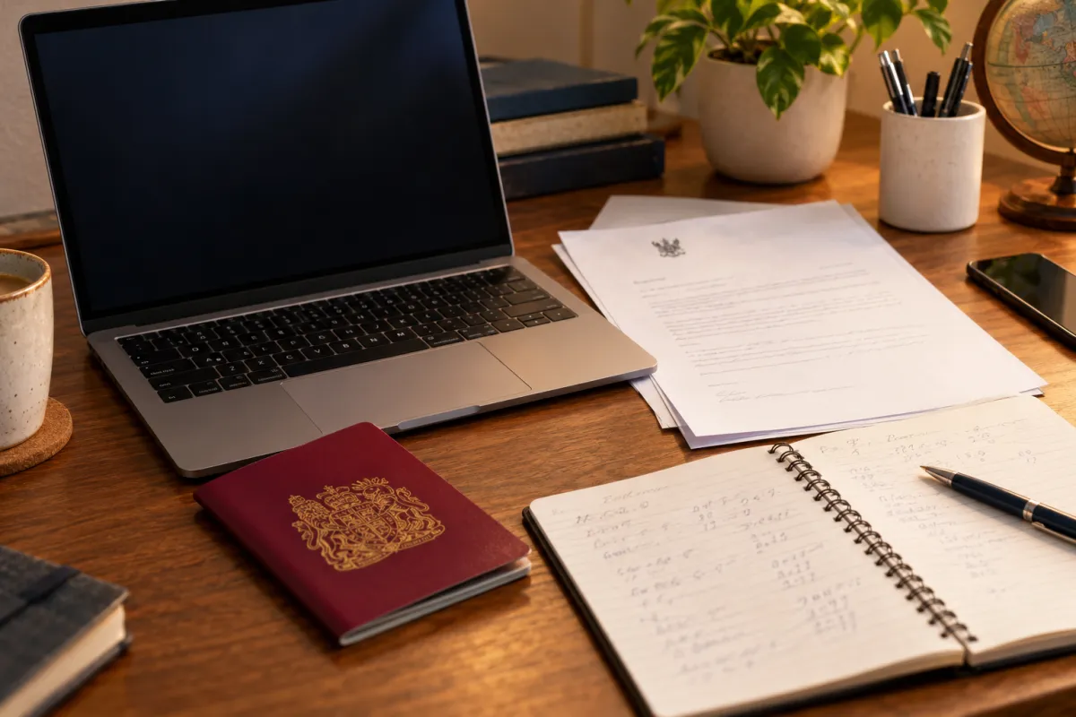 Mesa con pasaporte, carta de admisión y portátil para solicitar el visado Student Route