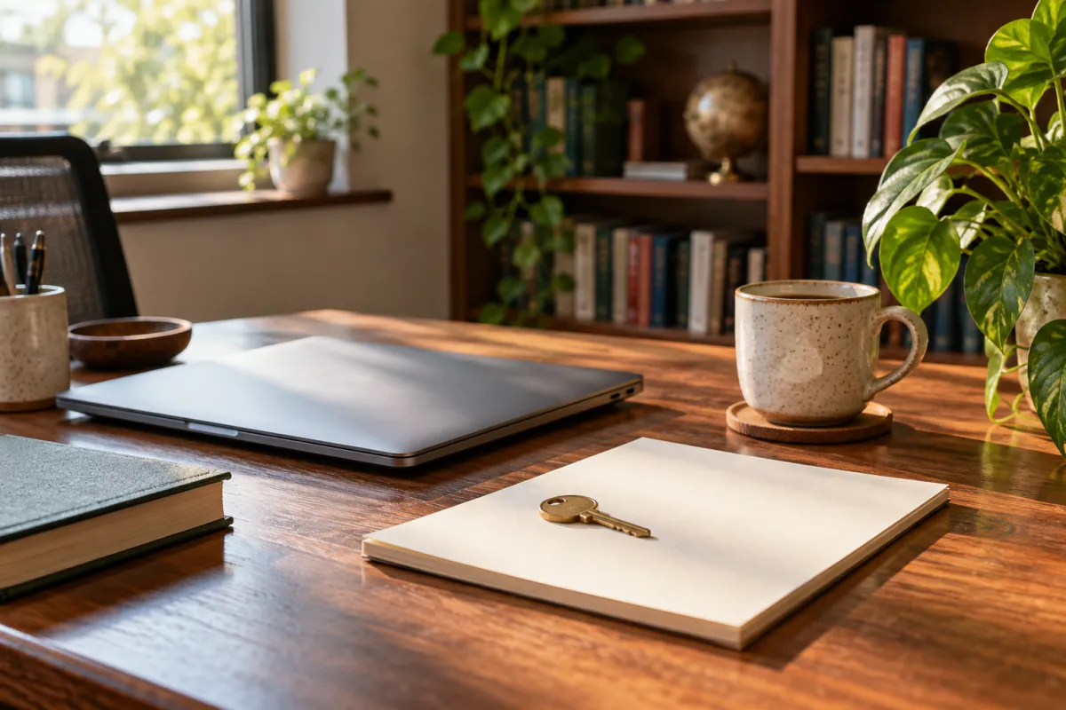 Escritorio académico ordenado con un portátil cerrado, una taza y una llave sobre un cuaderno en blanco