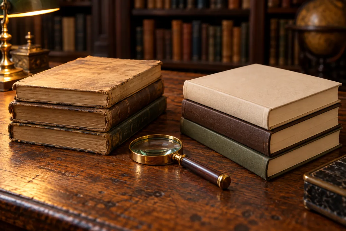 Dos pilas de manuscritos encuadernados sobre una mesa de biblioteca con una lupa entre ellas