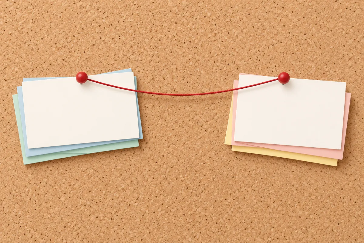 Tarjetas en blanco unidas por un hilo rojo sobre un tablero de corcho que simbolizan la conexión entre conclusiones y recomendaciones