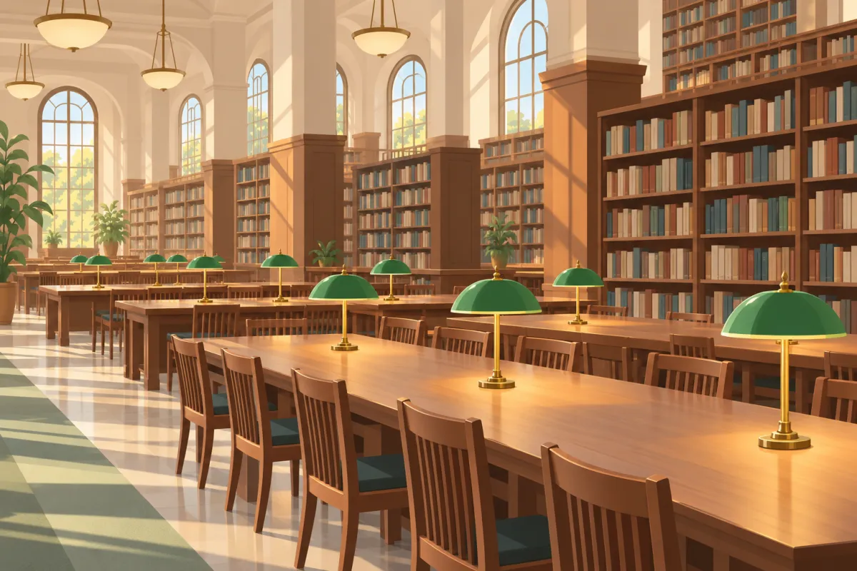 Sala de lectura de una biblioteca universitaria con mesas de madera y lámparas verdes