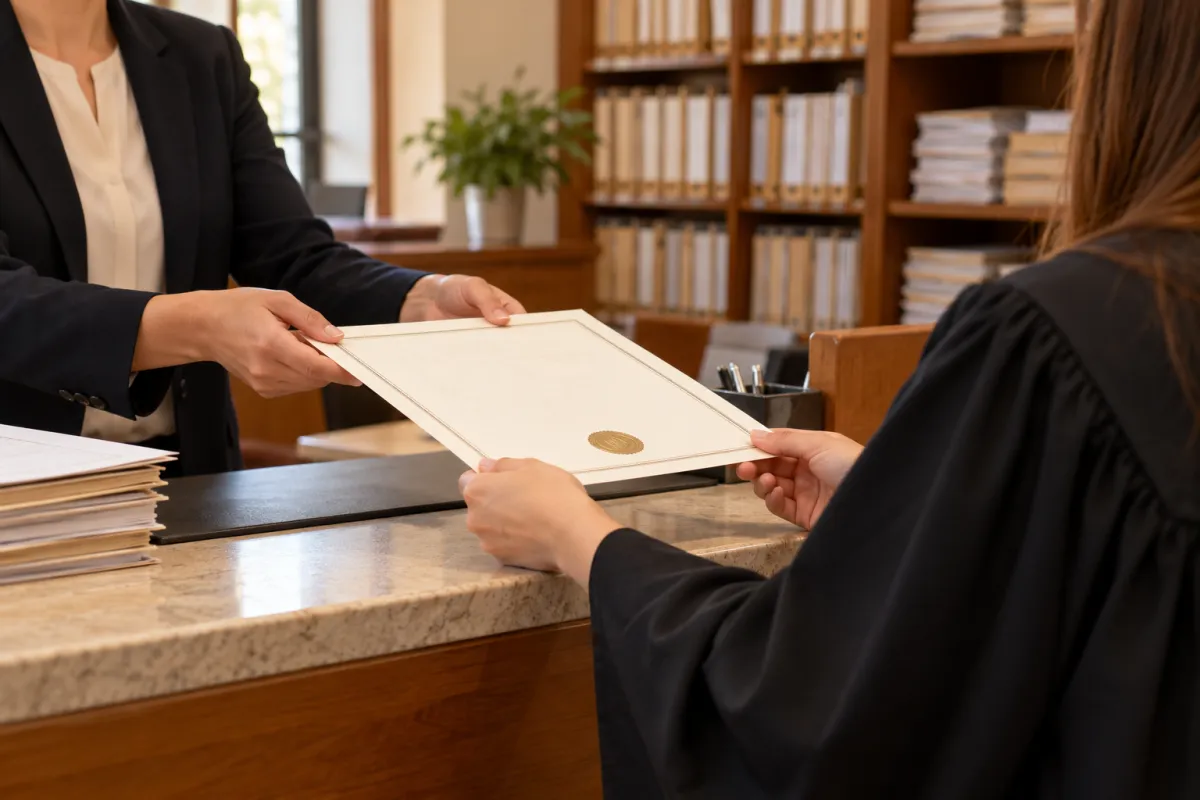 Graduada recogiendo en la secretaría de la facultad el certificado sustitutorio del título de Grado