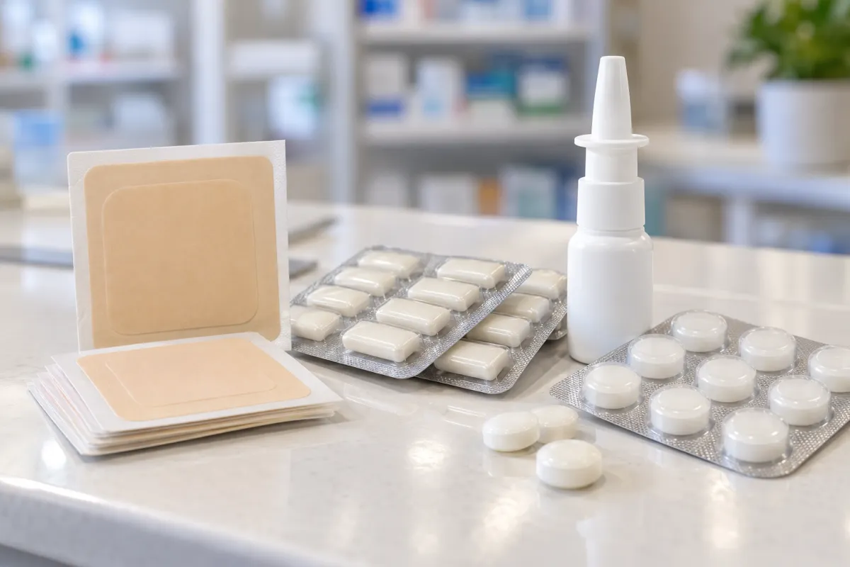 Productos de terapia de reemplazo de nicotina: parches, chicles, comprimidos y spray nasal en una farmacia