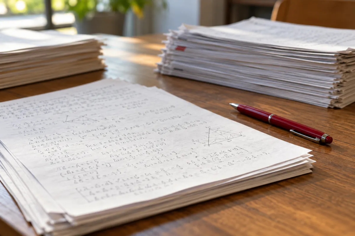 Corrector de la PAU revisando exámenes manuscritos con un bolígrafo rojo