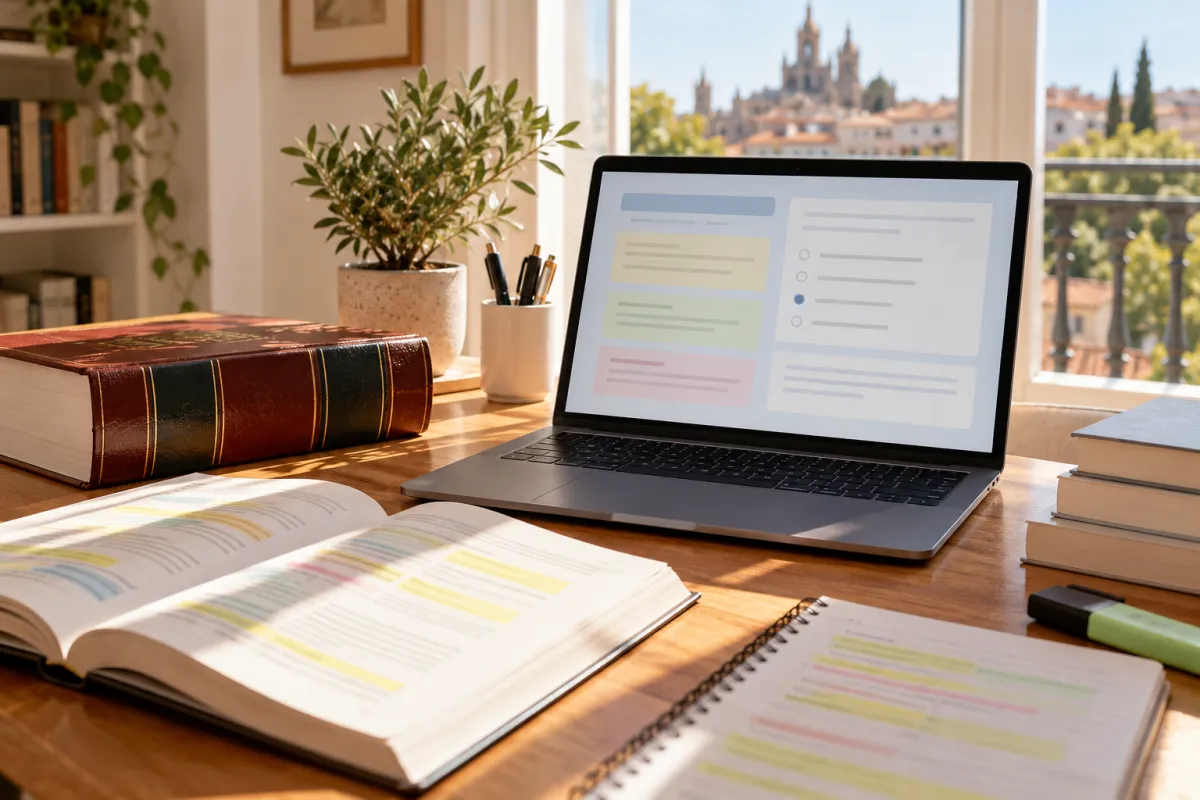 Opositora estudiando el temario de Hacienda con Tesify Pro en su portátil